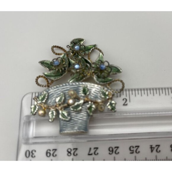 Vintage Brooch Flower Basket Pale Blue Flowers Vines Garland - Picture 9 of 11